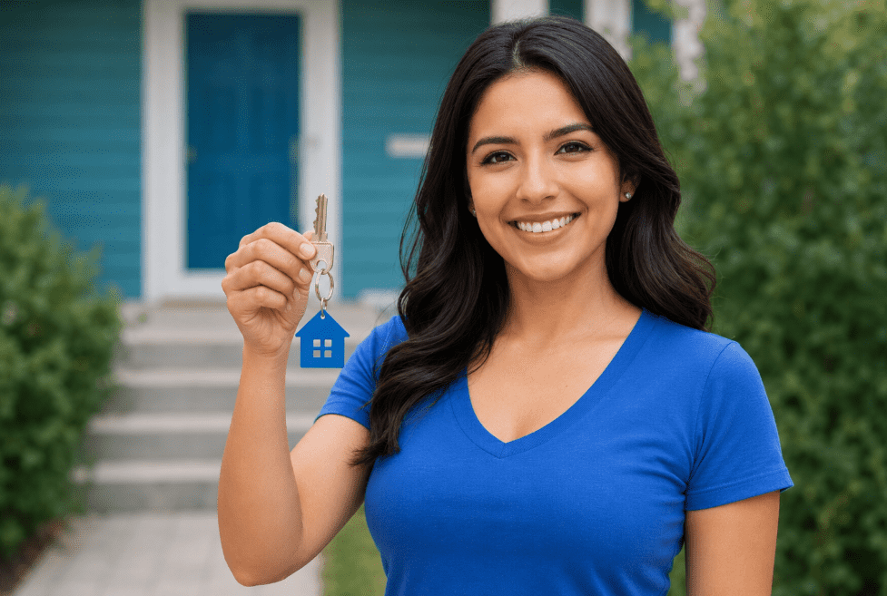 Mujer salvadoreña con las llaves de su nueva casa